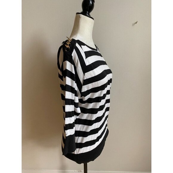 Micahel Kors women black white striped sweater sz small gold chain detail - Picture 2 of 7